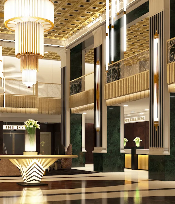 Elegant Art Deco hotel lobby with grand chandeliers, marble columns, and a luxurious reception area.