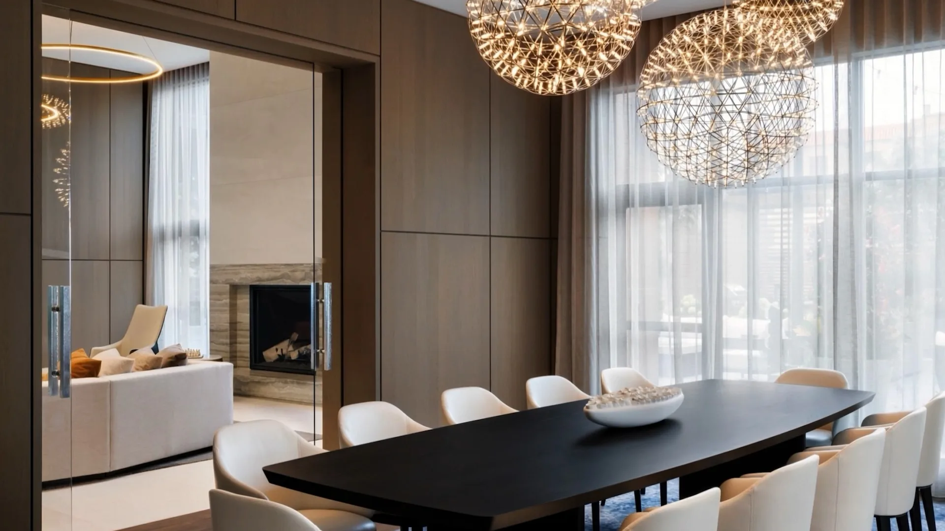 Modern dining room with statement lighting and contemporary furnishings