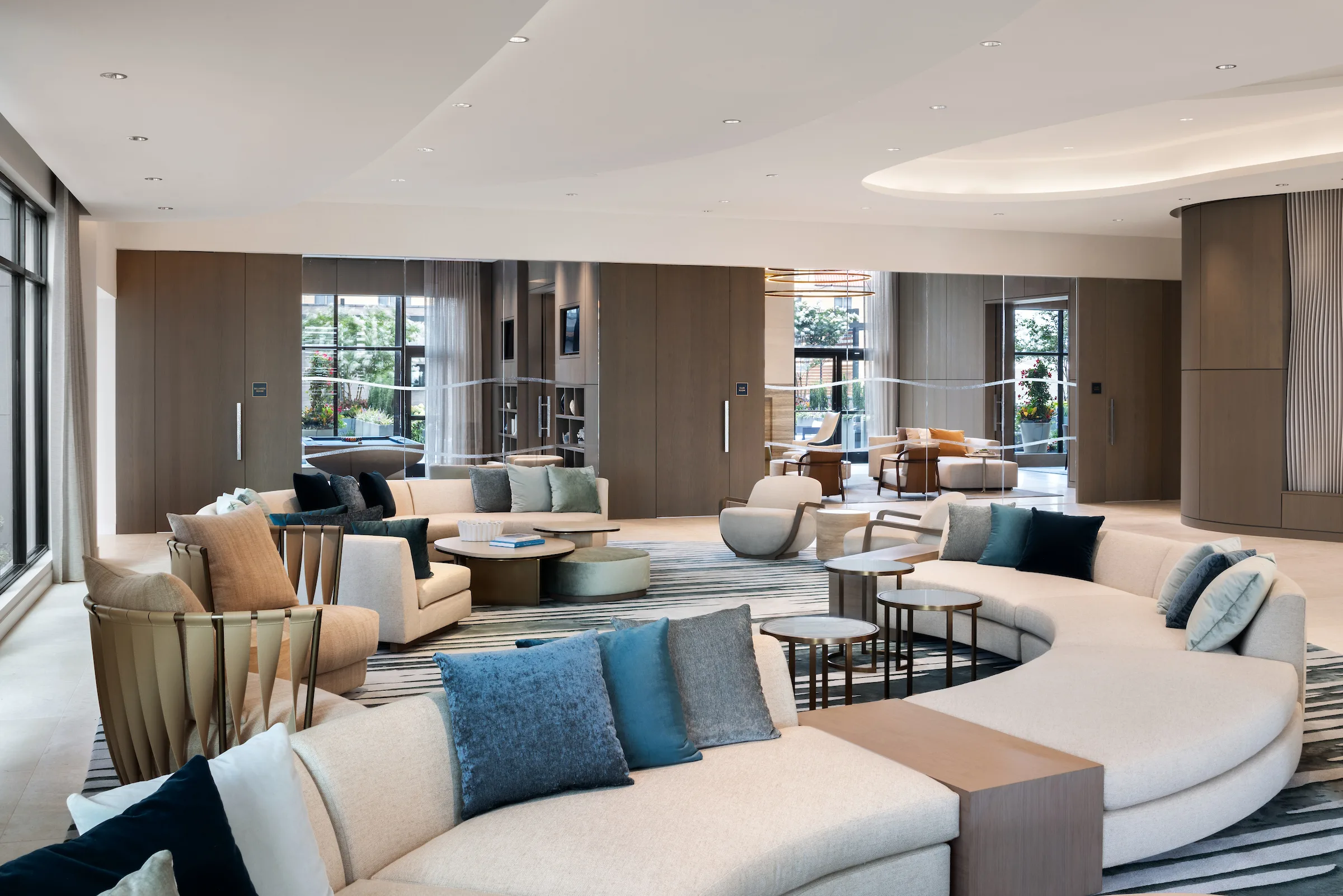 Spacious luxury resident lounge with contemporary seating