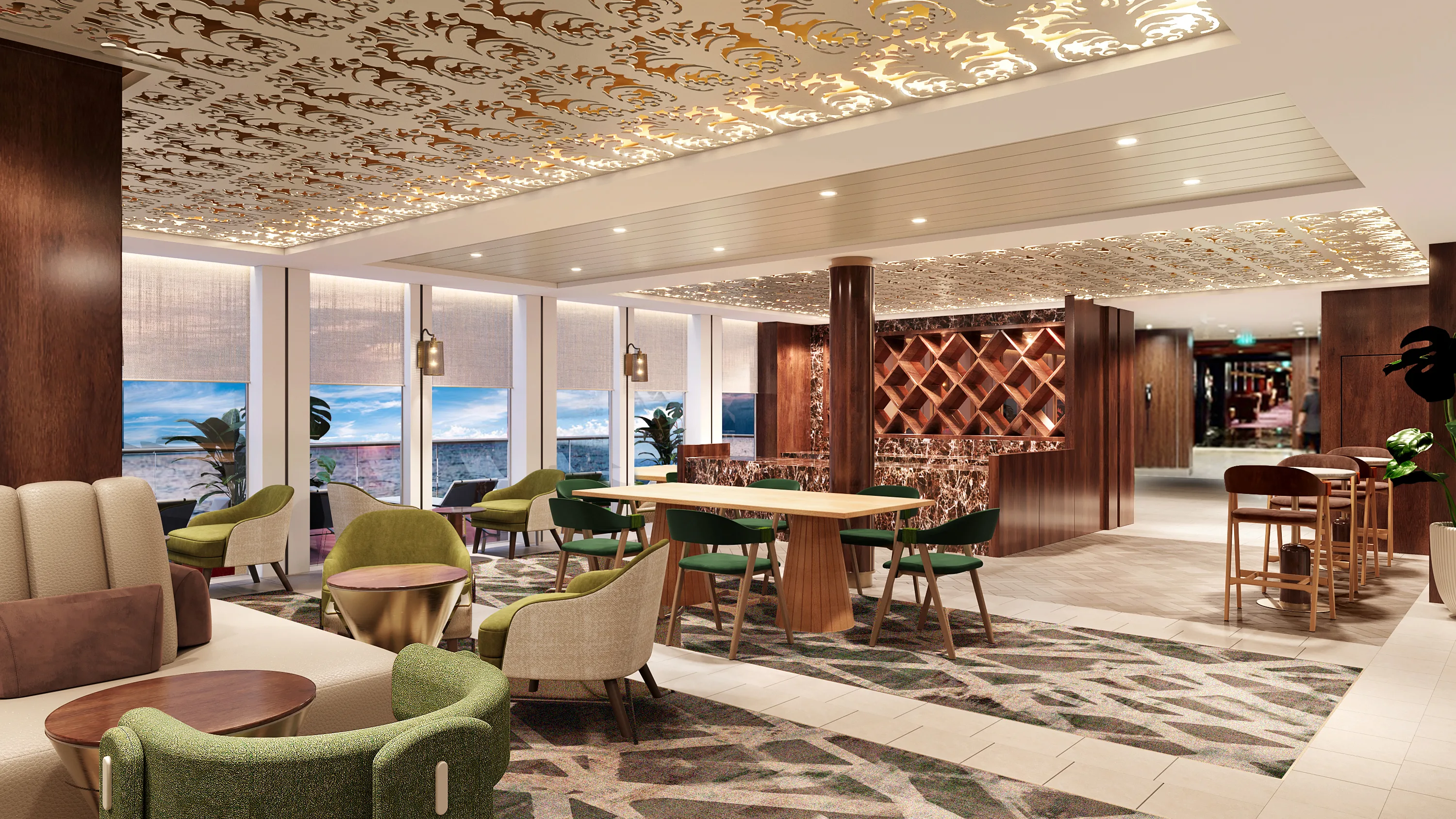 Modern cruise ship café lounge with decorative illuminated ceiling, green seating and ocean views