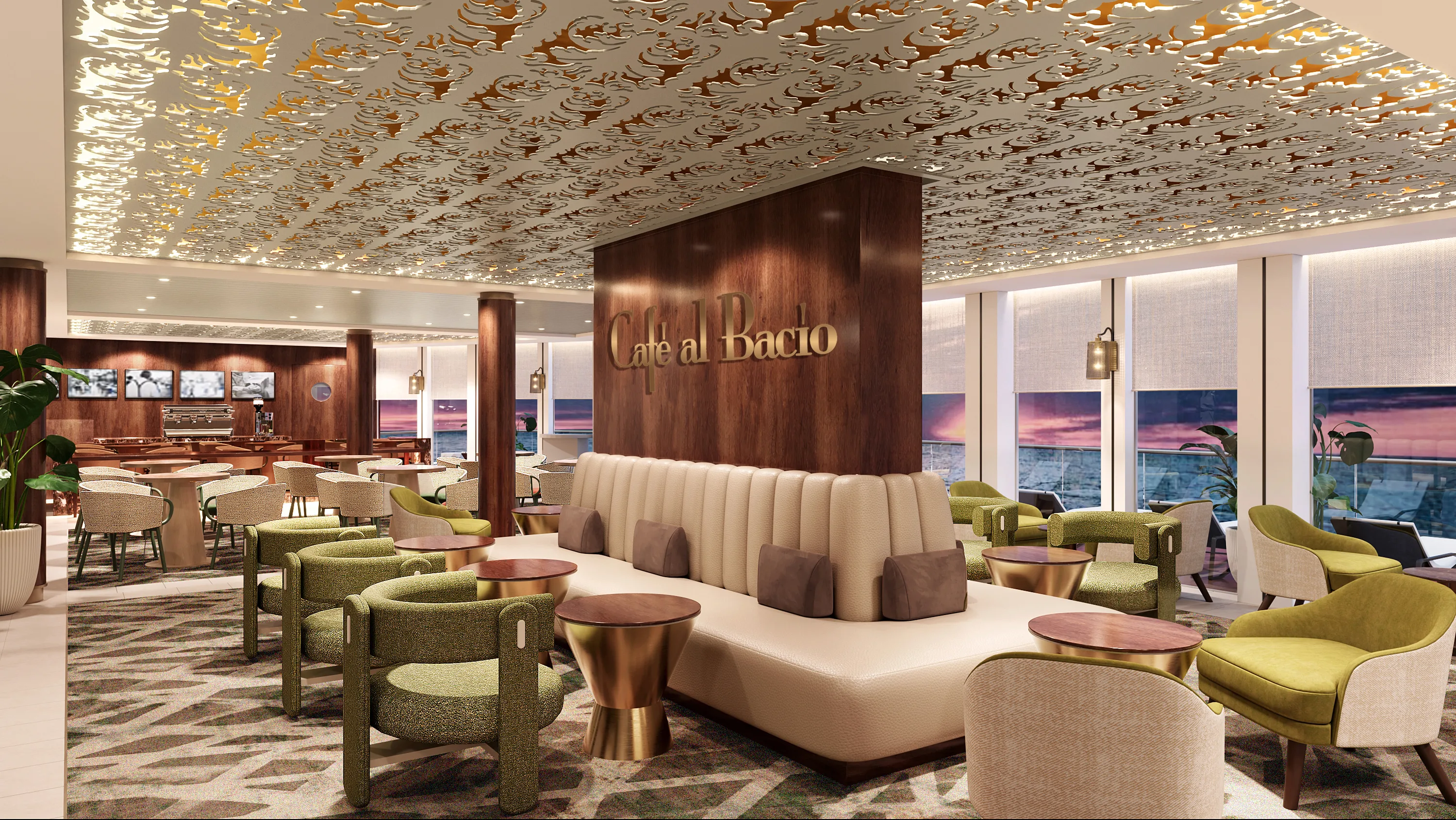 Contemporary cruise ship café with lounge seating, warm wood finishes and ocean views