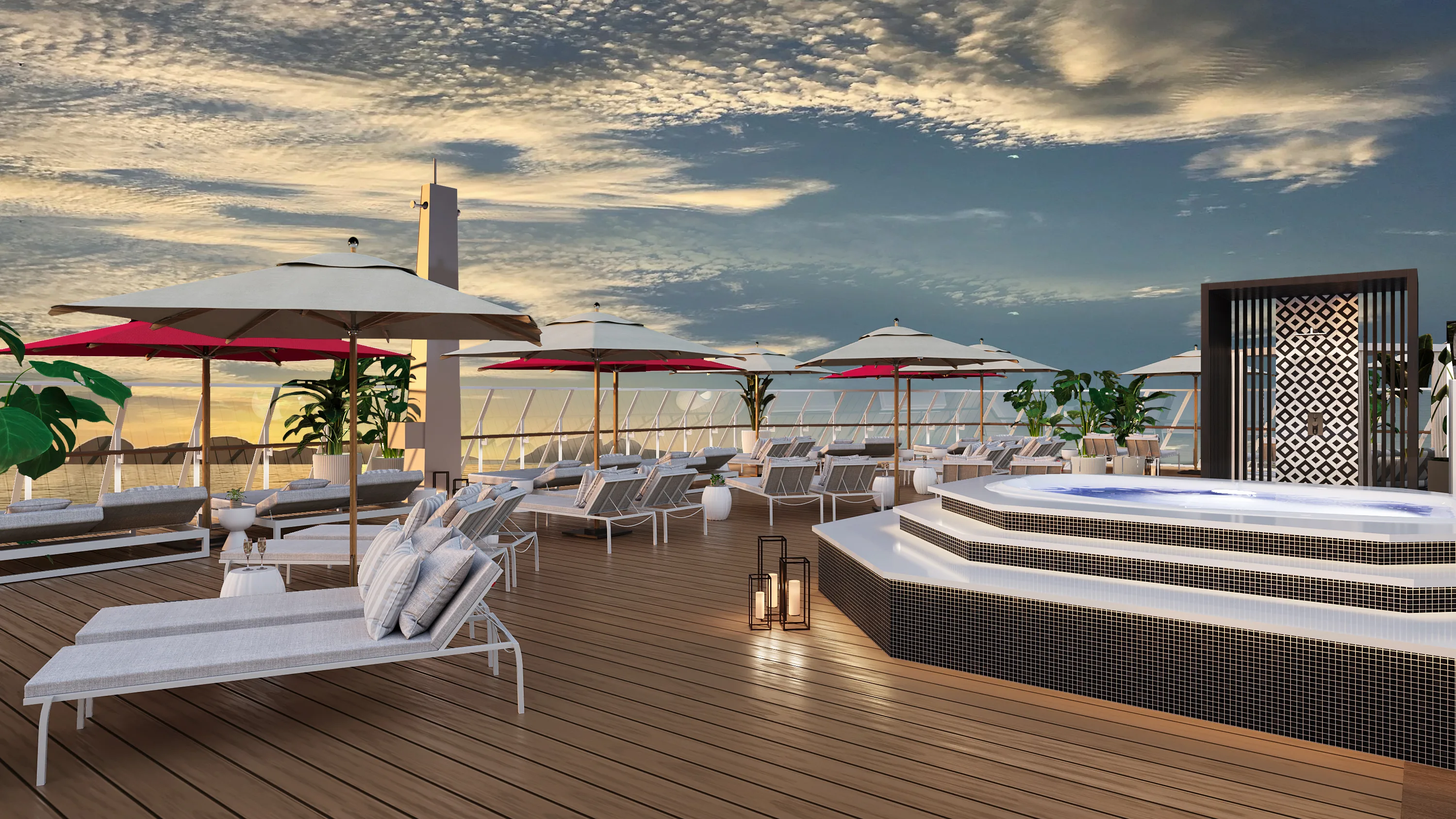 Luxury cruise ship sundeck with whirlpool, lounge chairs and ocean views