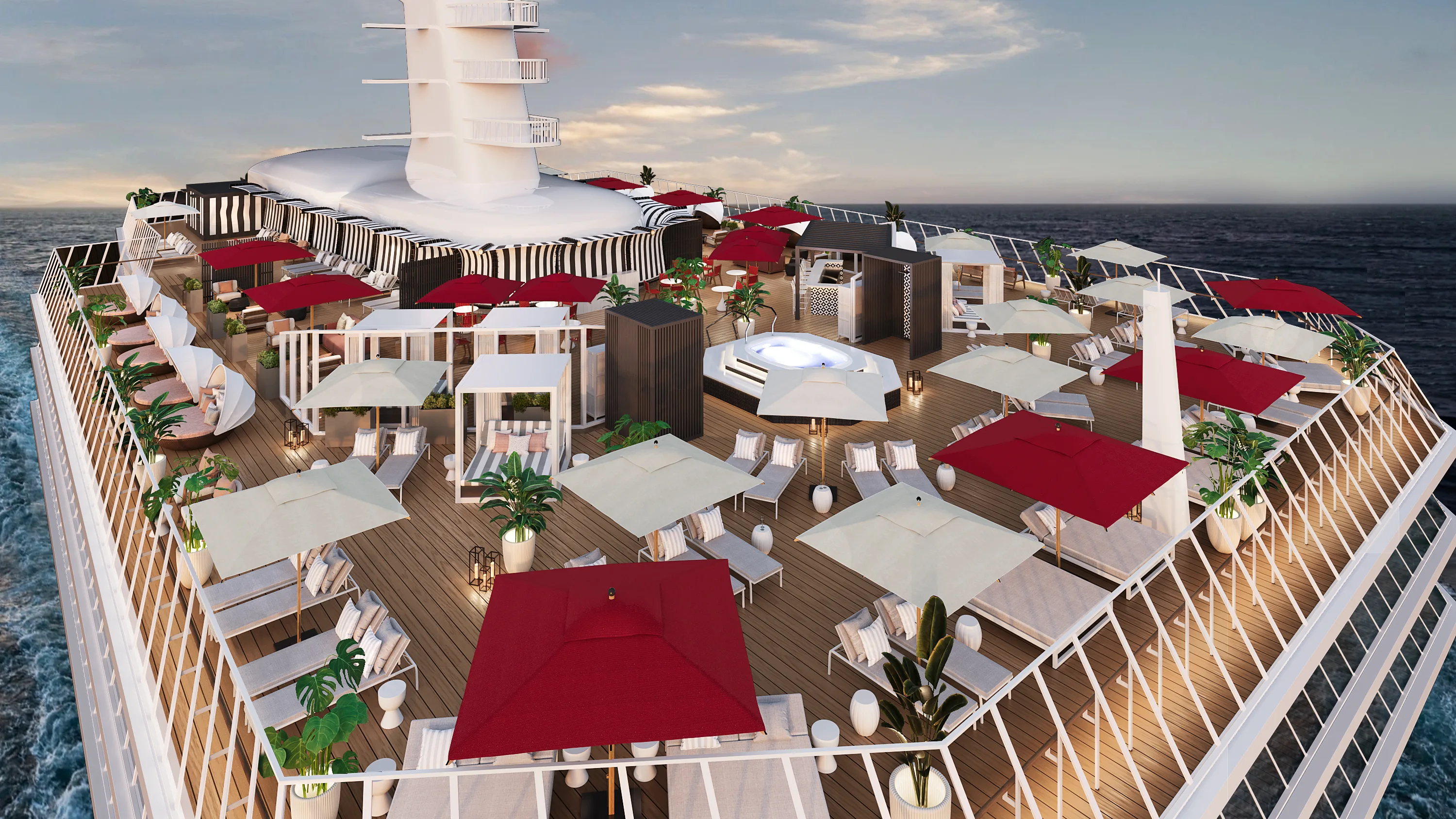 Luxury cruise ship sundeck with loungers, cabanas, umbrellas and ocean views