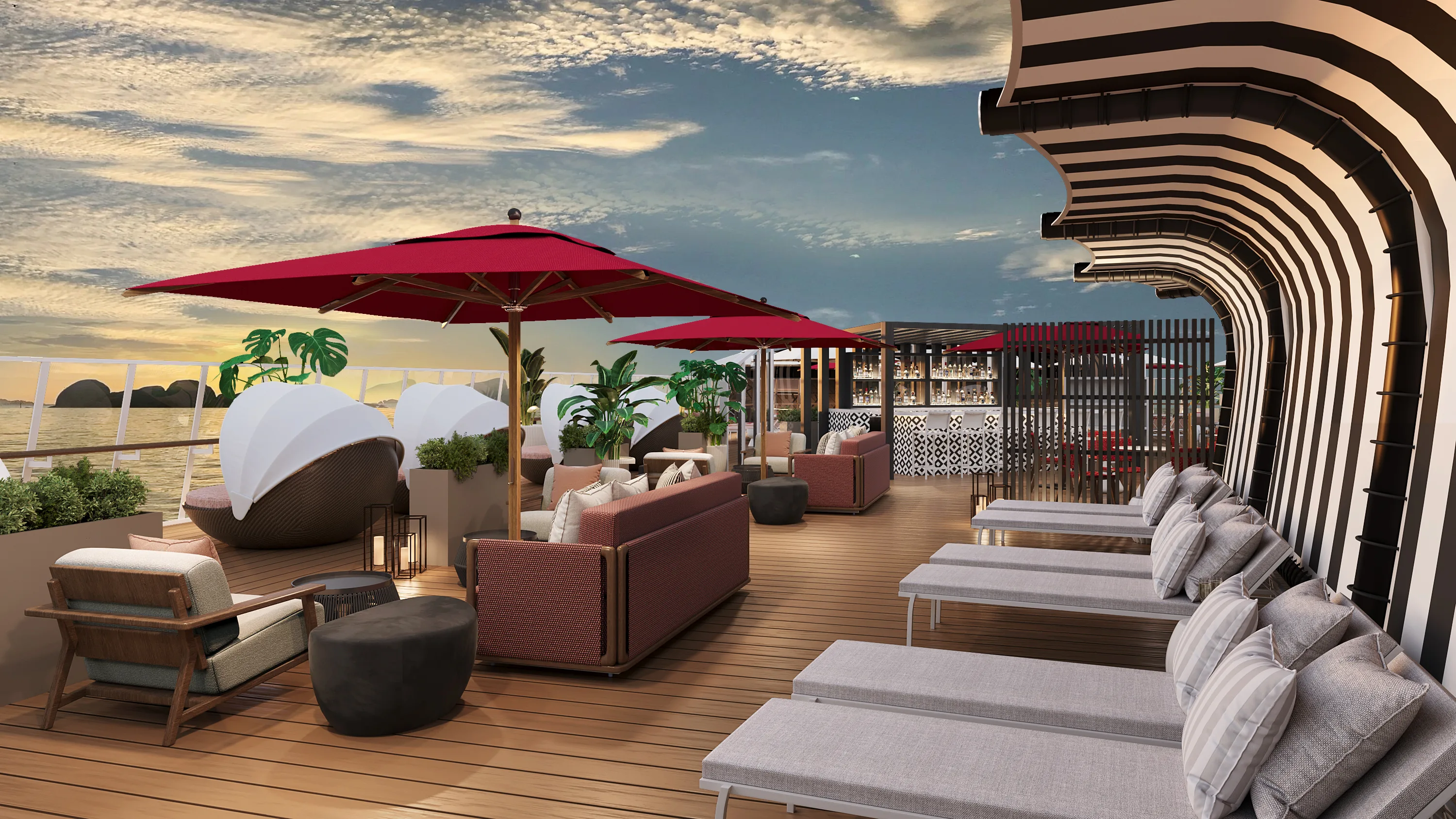 Cruise ship sundeck lounge with cabanas, red umbrellas and outdoor bar