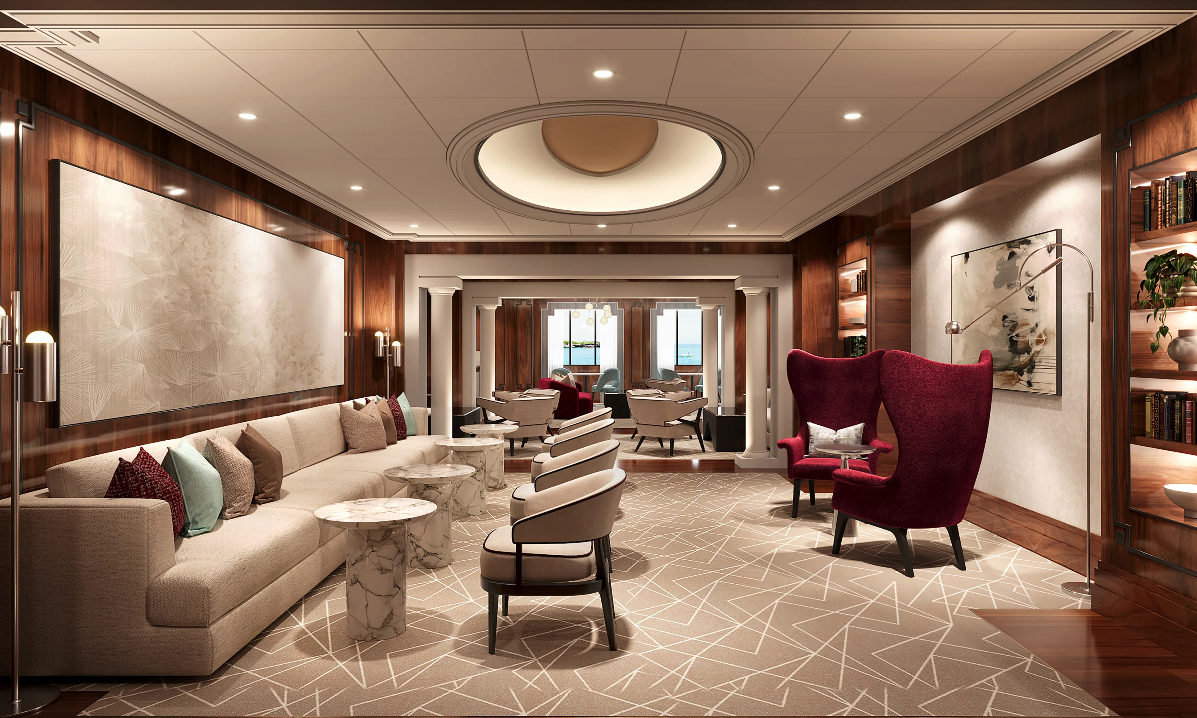 Luxury cruise ship lounge with upholstered seating, wood paneling and built-in shelving