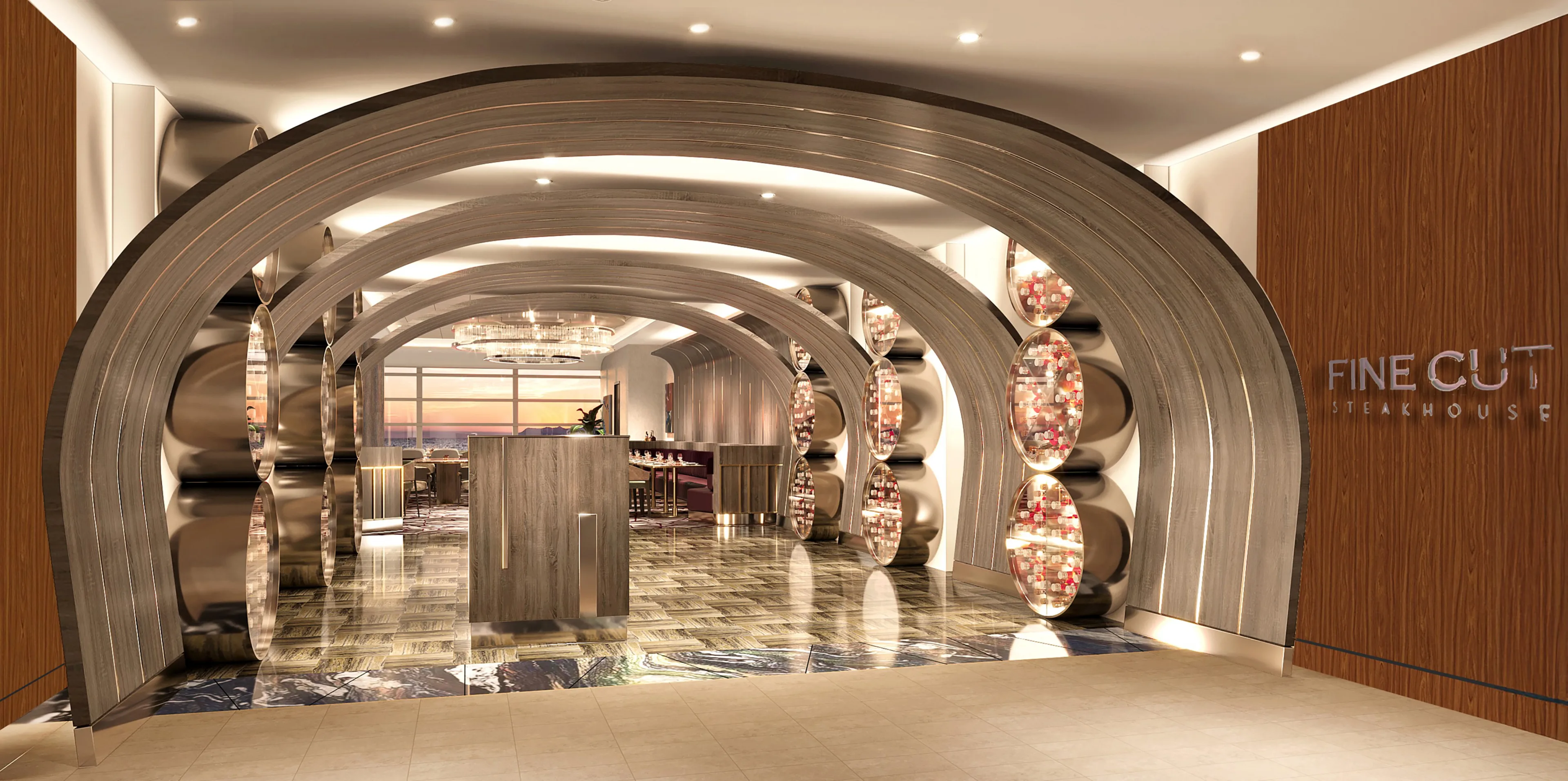Contemporary steakhouse entrance with curved architectural details and illuminated displays