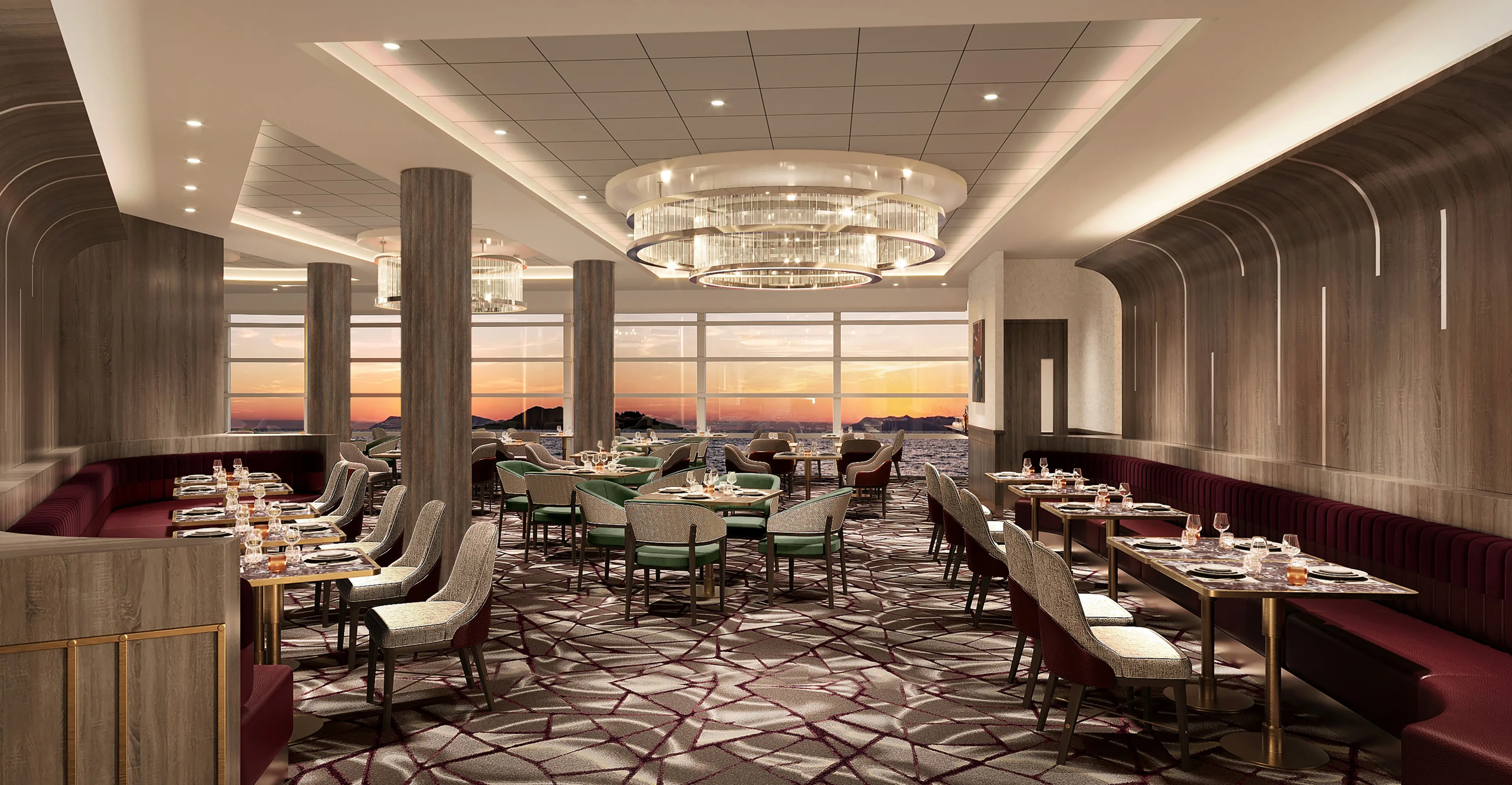 Luxury cruise ship steakhouse dining room with ocean views and modern chandeliers