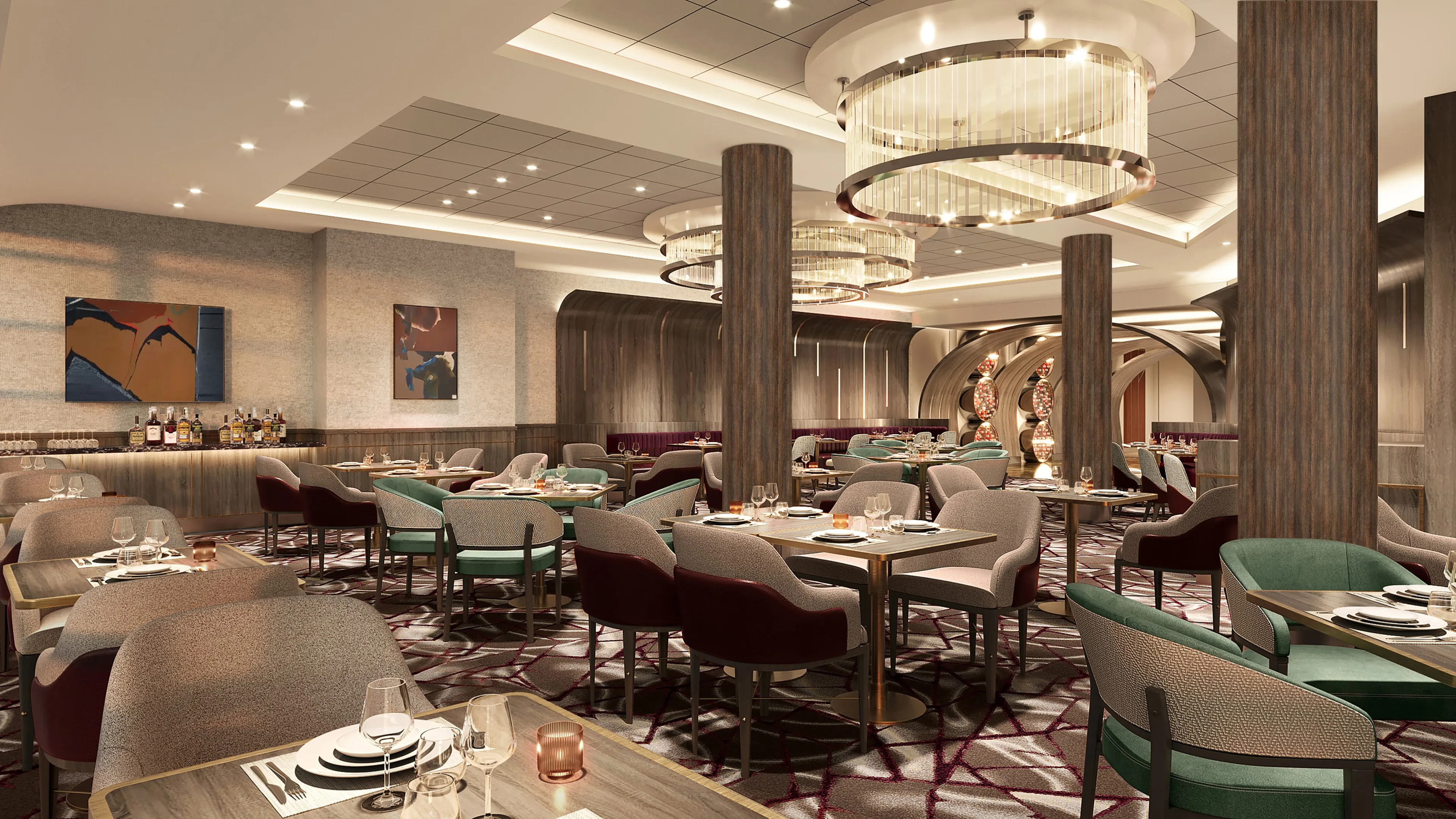 Contemporary cruise ship steakhouse with upholstered dining chairs and statement lighting