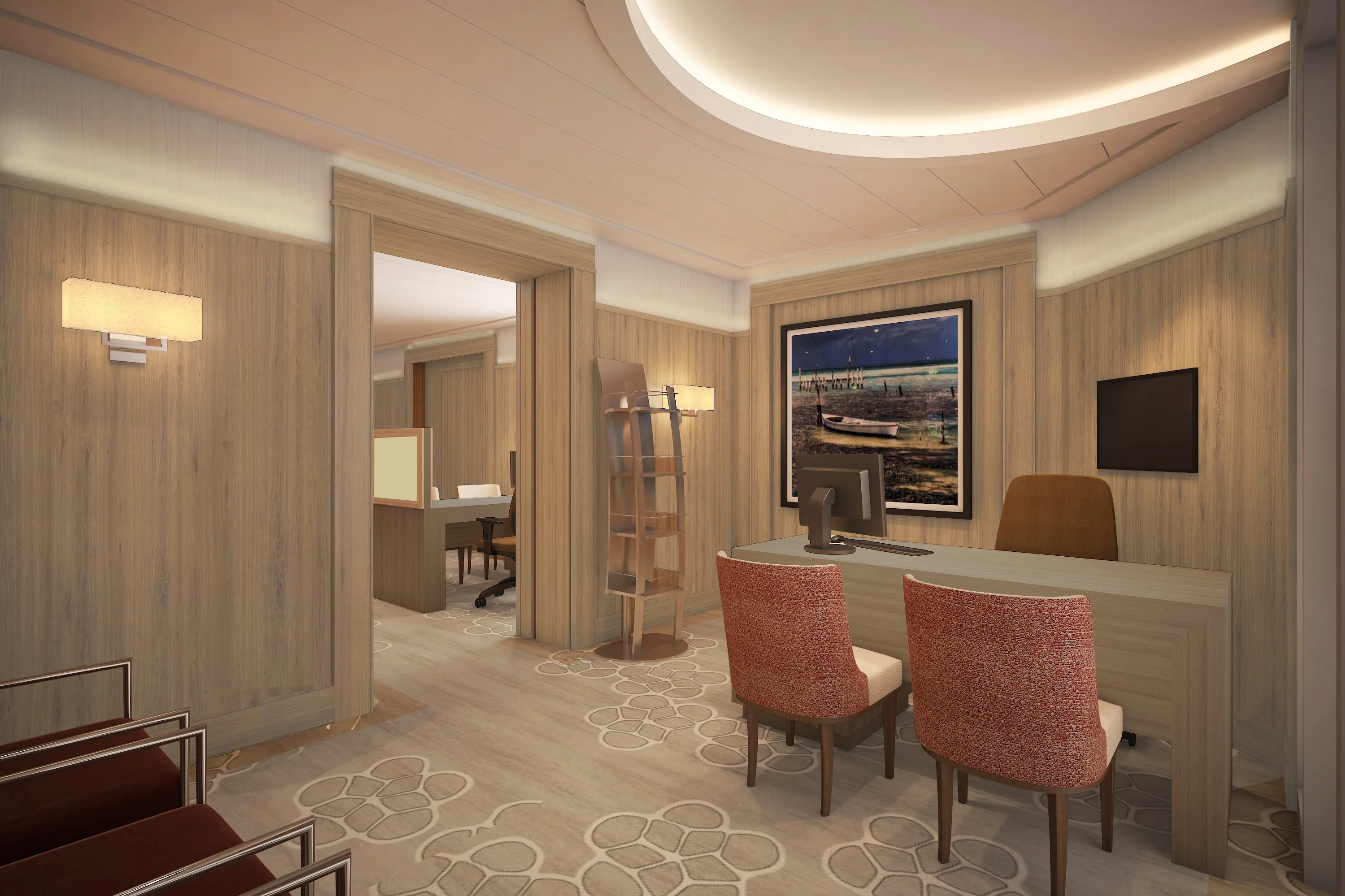 Contemporary cruise ship consultation office with wood paneling, desk and guest seating