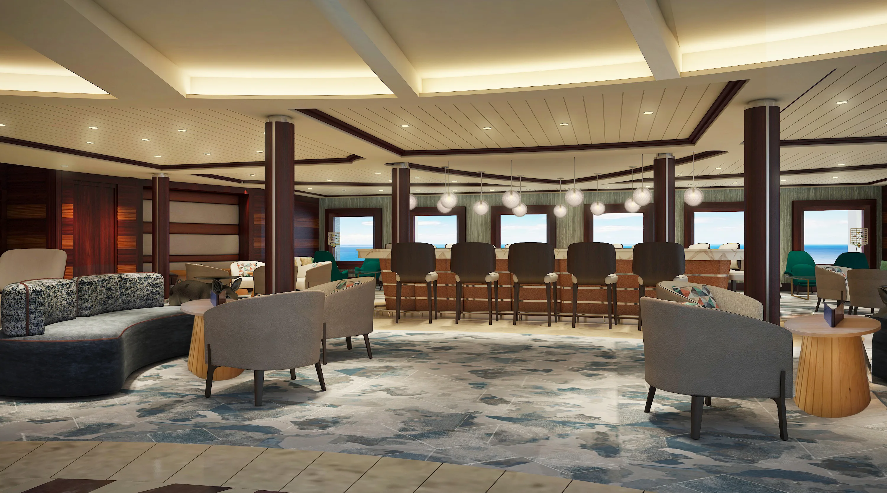 Modern cruise ship lounge and bar with ocean views and contemporary furnishings