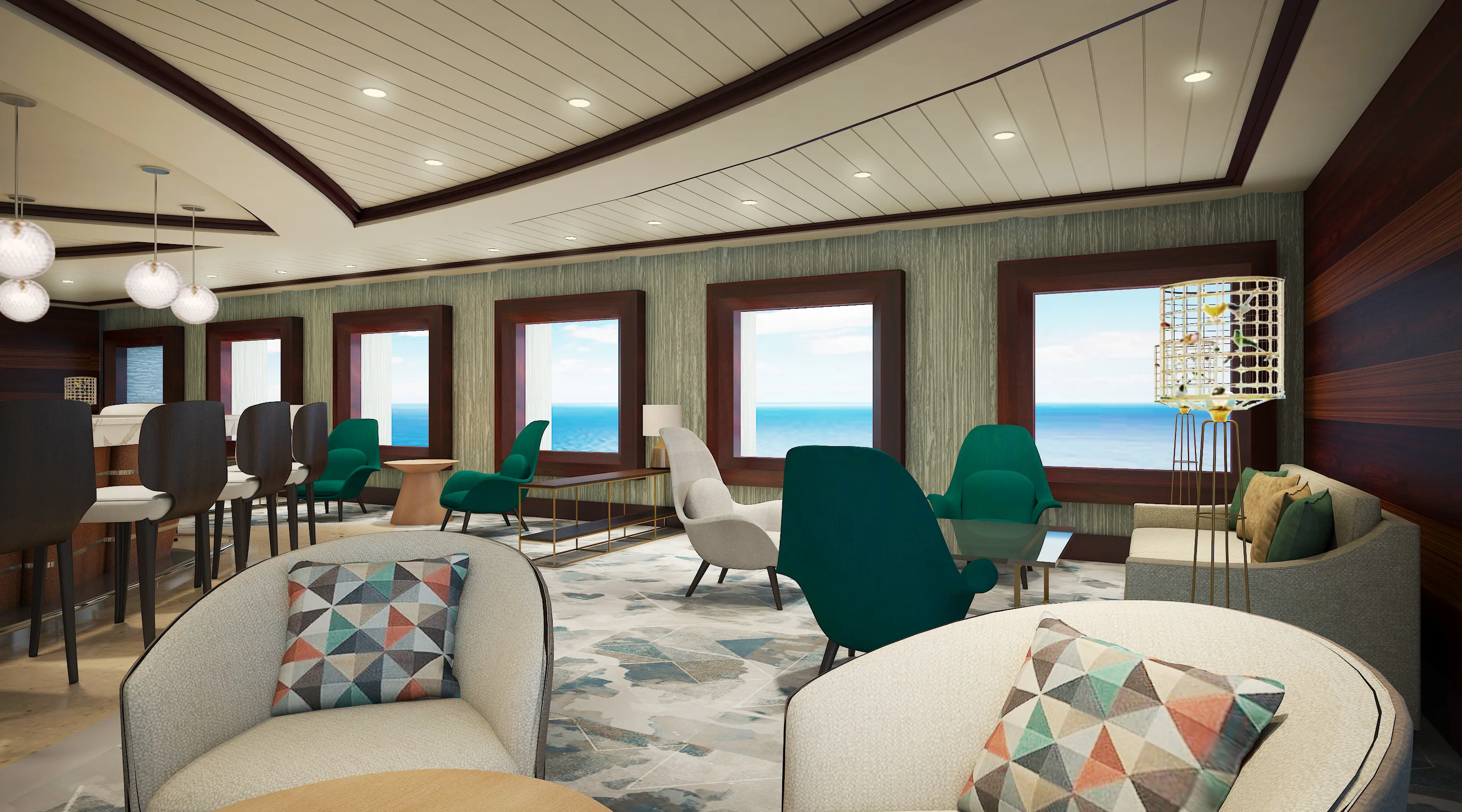 Cruise ship lounge with ocean-facing windows, green accent chairs and casual seating