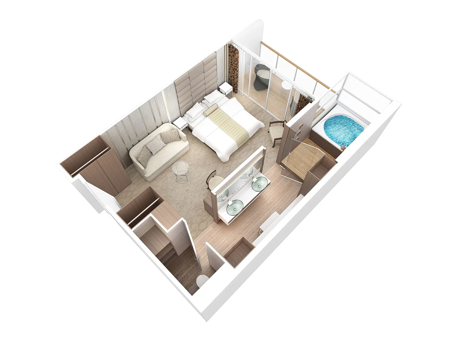 3D floor plan of a luxury cruise ship spa suite with bedroom, bathroom and private balcony