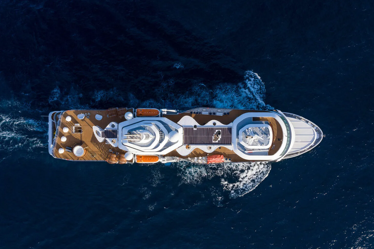 Aerial view of Flora against deep blue water
