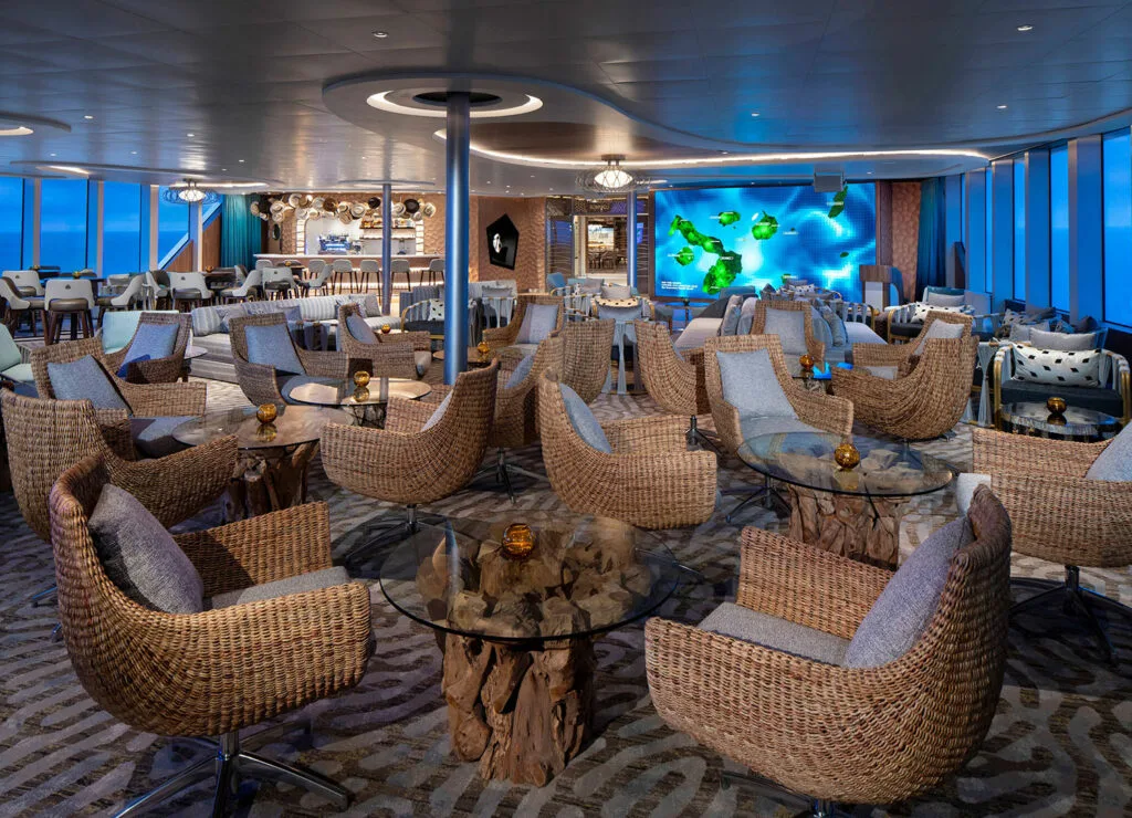Woven lounge chairs in the ship’s social space.