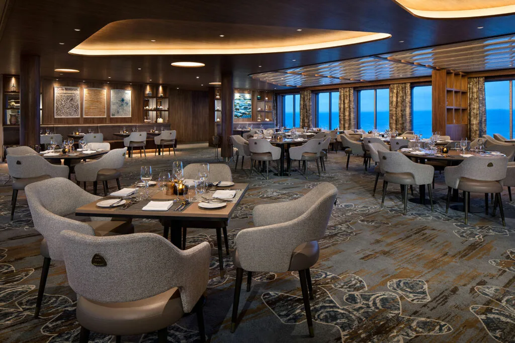 Flora dining room with ocean views.