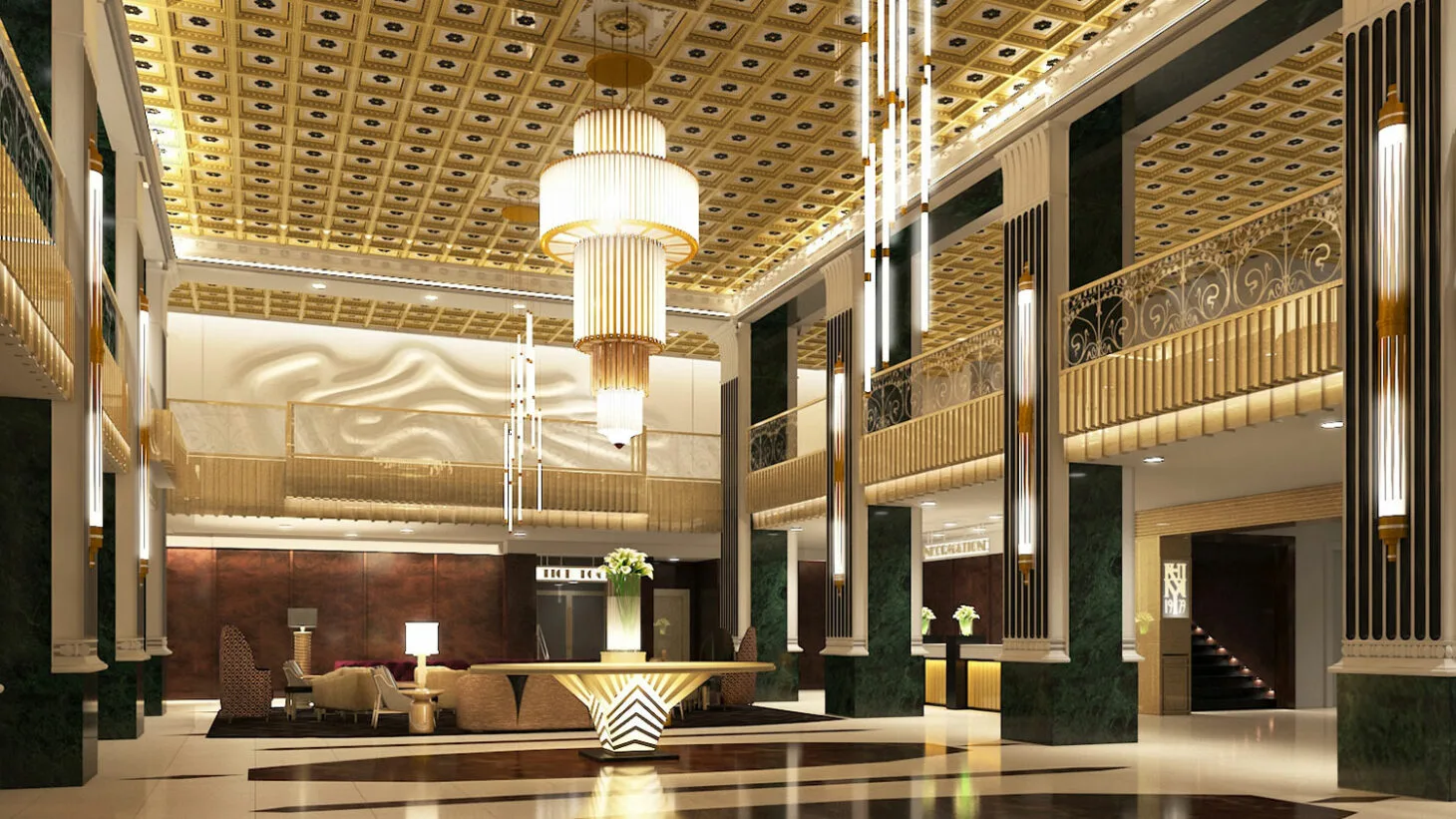 Elegant Art Deco hotel lobby with grand chandeliers, marble columns, and a luxurious reception area.